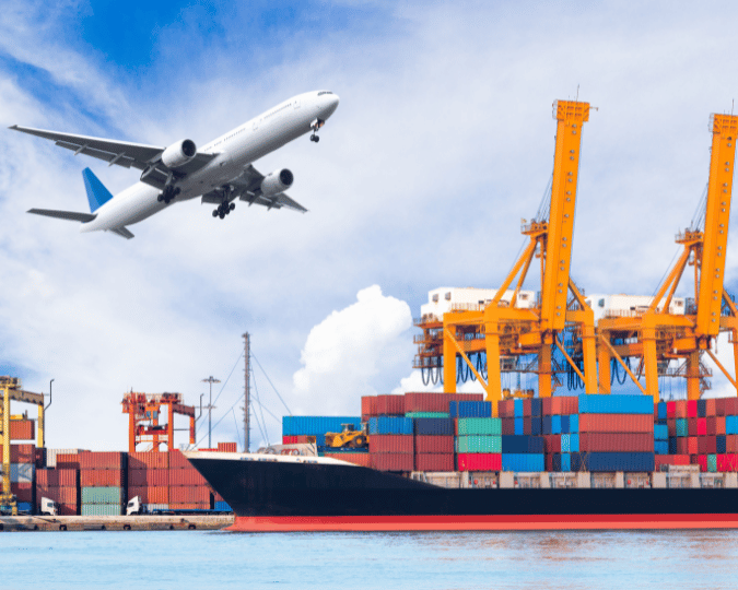 Cargo plane and ship representing air freight vs. ocean freight shipping options.